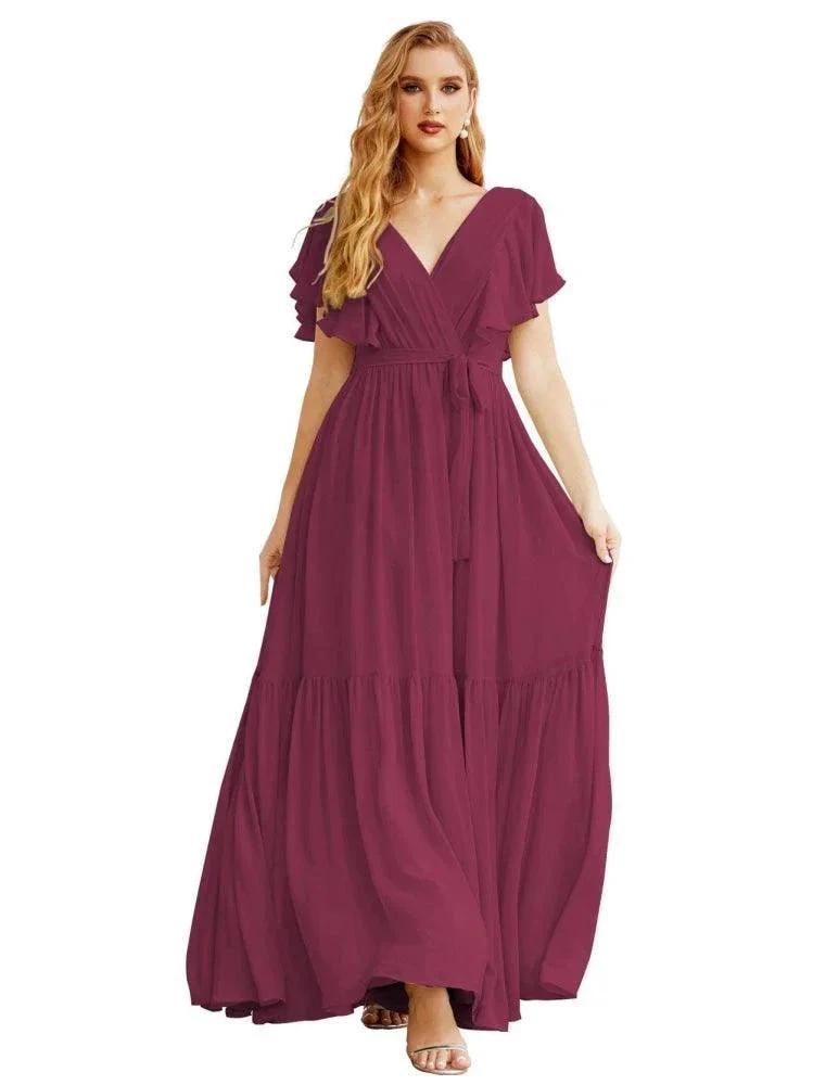 Women's Open Back Formal Evening Party Prom Gowns V-Neck Long Chiffon Bridesmaid Dresses with Waist Belt SEA28038 by numbersea