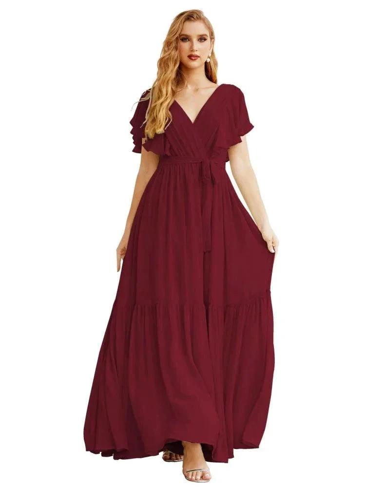 Women's Open Back Formal Evening Party Prom Gowns V-Neck Long Chiffon Bridesmaid Dresses with Waist Belt SEA28038 by numbersea