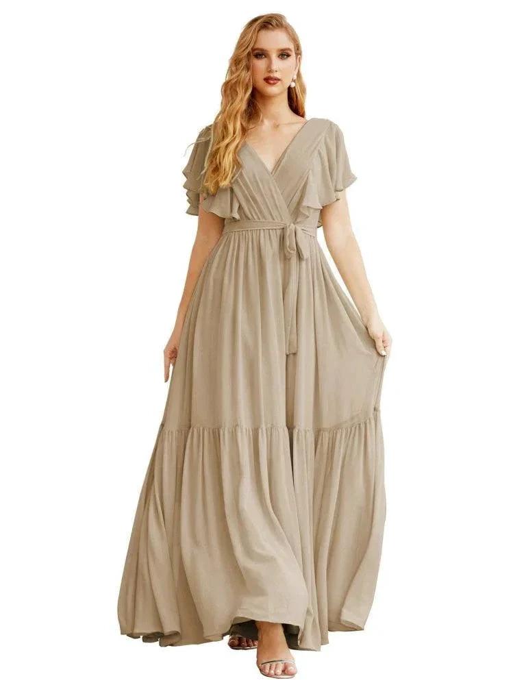Women's Open Back Formal Evening Party Prom Gowns V-Neck Long Chiffon Bridesmaid Dresses with Waist Belt SEA28038 by numbersea