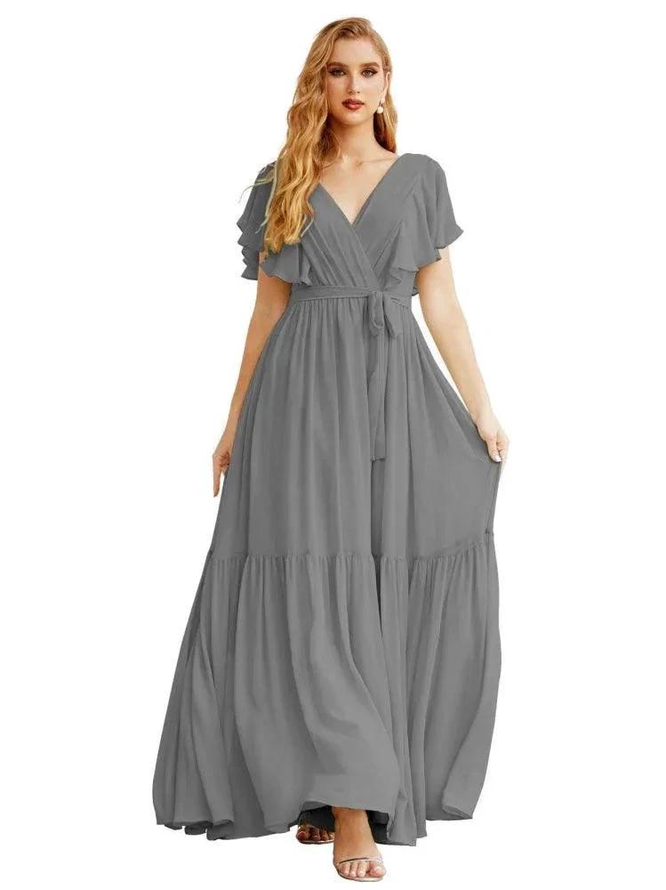 Women's Open Back Formal Evening Party Prom Gowns V-Neck Long Chiffon Bridesmaid Dresses with Waist Belt SEA28038 by numbersea