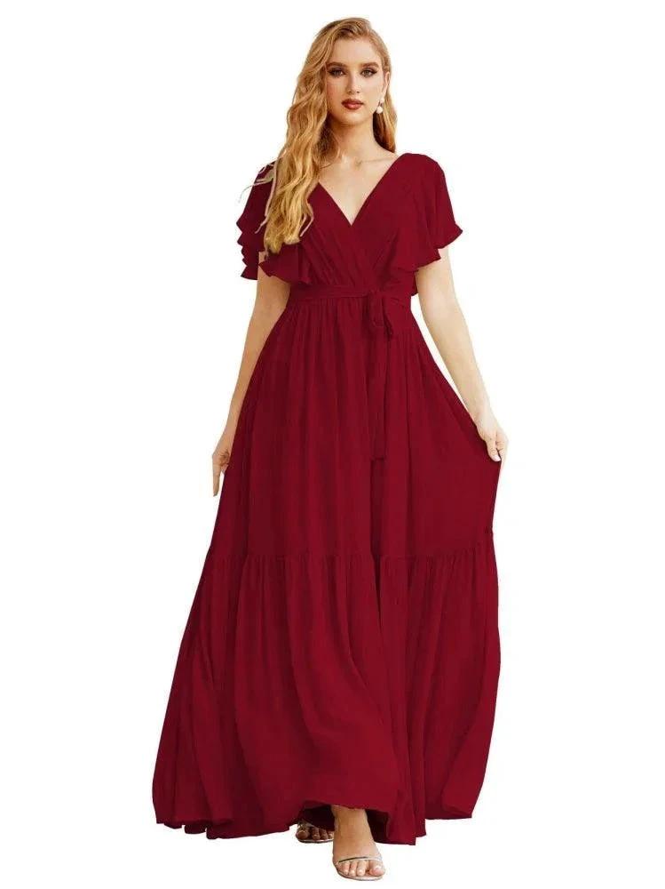 Women's Open Back Formal Evening Party Prom Gowns V-Neck Long Chiffon Bridesmaid Dresses with Waist Belt SEA28038 by numbersea