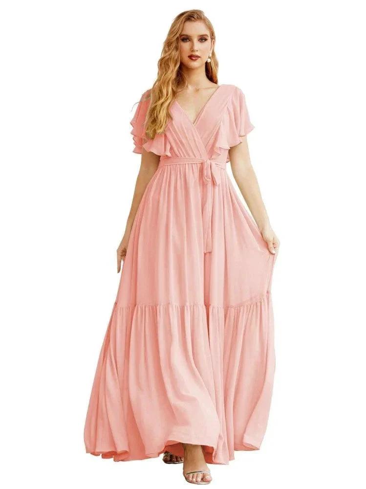 Women's Open Back Formal Evening Party Prom Gowns V-Neck Long Chiffon Bridesmaid Dresses with Waist Belt SEA28038 by numbersea
