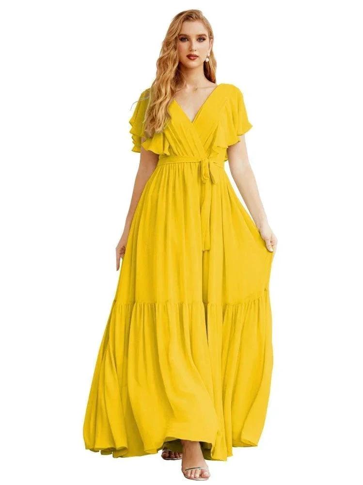 Women's Open Back Formal Evening Party Prom Gowns V-Neck Long Chiffon Bridesmaid Dresses with Waist Belt SEA28038 by numbersea
