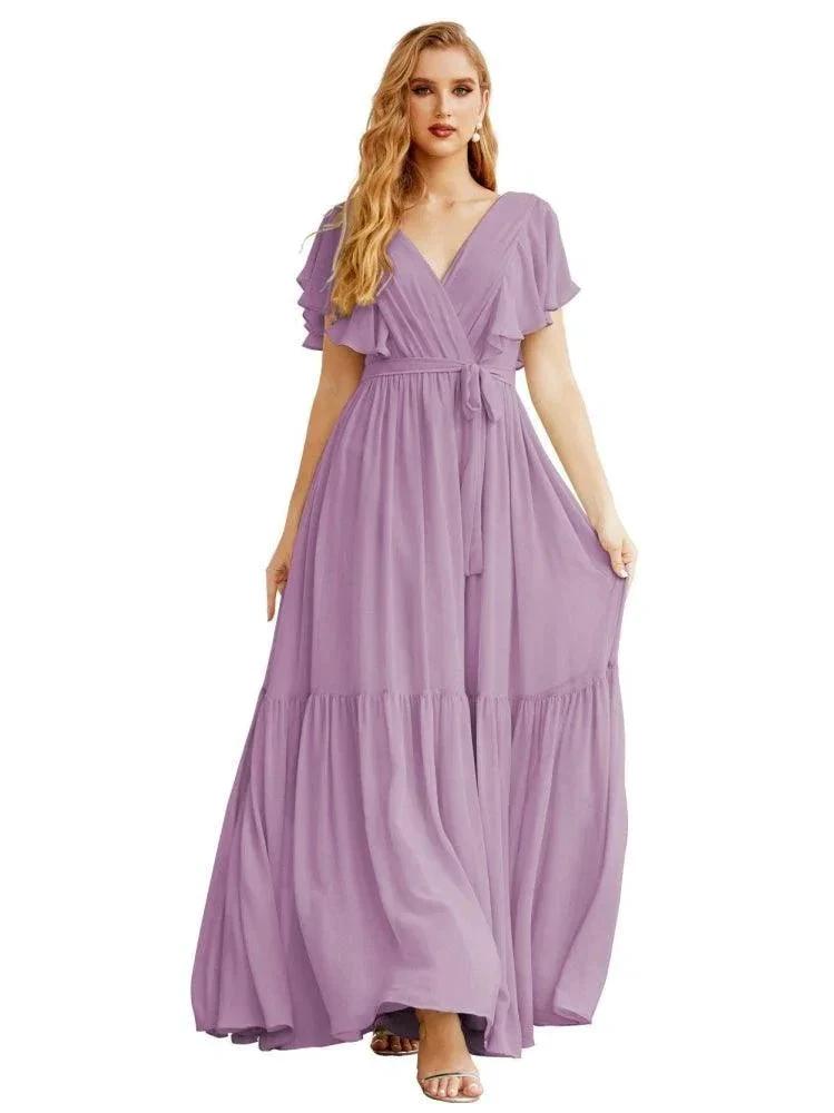 Women's Open Back Formal Evening Party Prom Gowns V-Neck Long Chiffon Bridesmaid Dresses with Waist Belt SEA28038 by numbersea