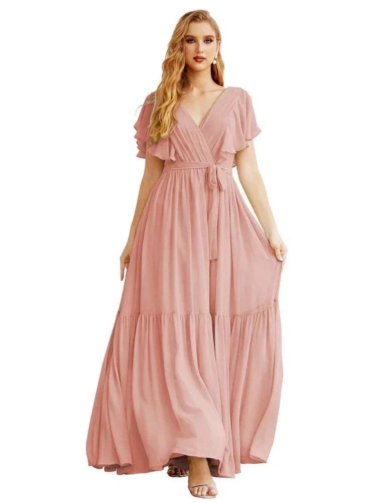 Women's Open Back Formal Evening Party Prom Gowns V-Neck Long Chiffon Bridesmaid Dresses with Waist Belt SEA28038 by numbersea