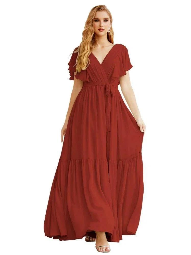 Women's Open Back Formal Evening Party Prom Gowns V-Neck Long Chiffon Bridesmaid Dresses with Waist Belt SEA28038 by numbersea