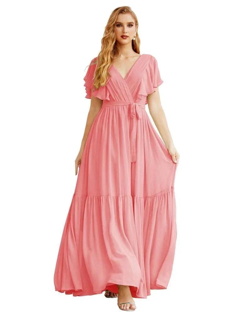 Women's Open Back Formal Evening Party Prom Gowns V-Neck Long Chiffon Bridesmaid Dresses with Waist Belt SEA28038 by numbersea