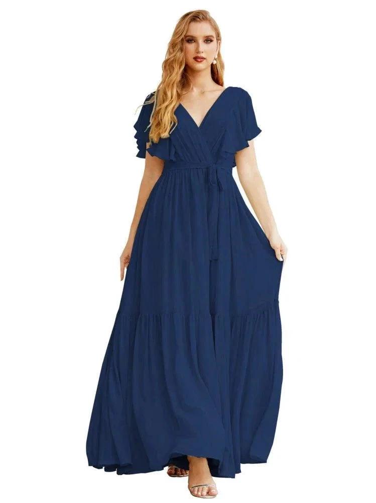 Women's Open Back Formal Evening Party Prom Gowns V-Neck Long Chiffon Bridesmaid Dresses with Waist Belt SEA28038 by numbersea