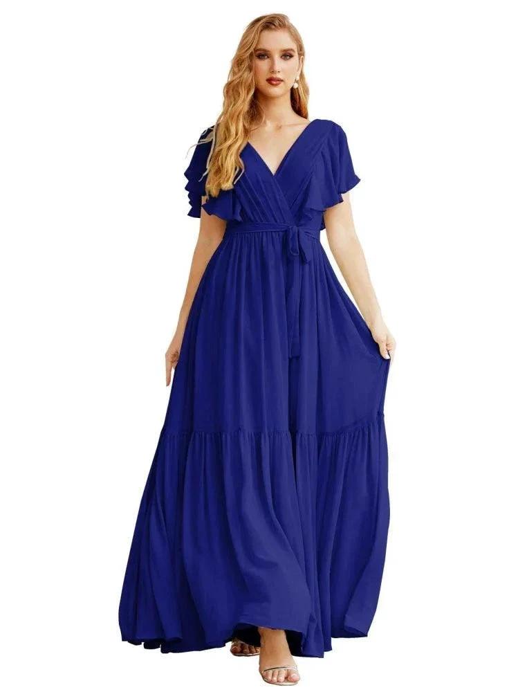Women's Open Back Formal Evening Party Prom Gowns V-Neck Long Chiffon Bridesmaid Dresses with Waist Belt SEA28038 by numbersea