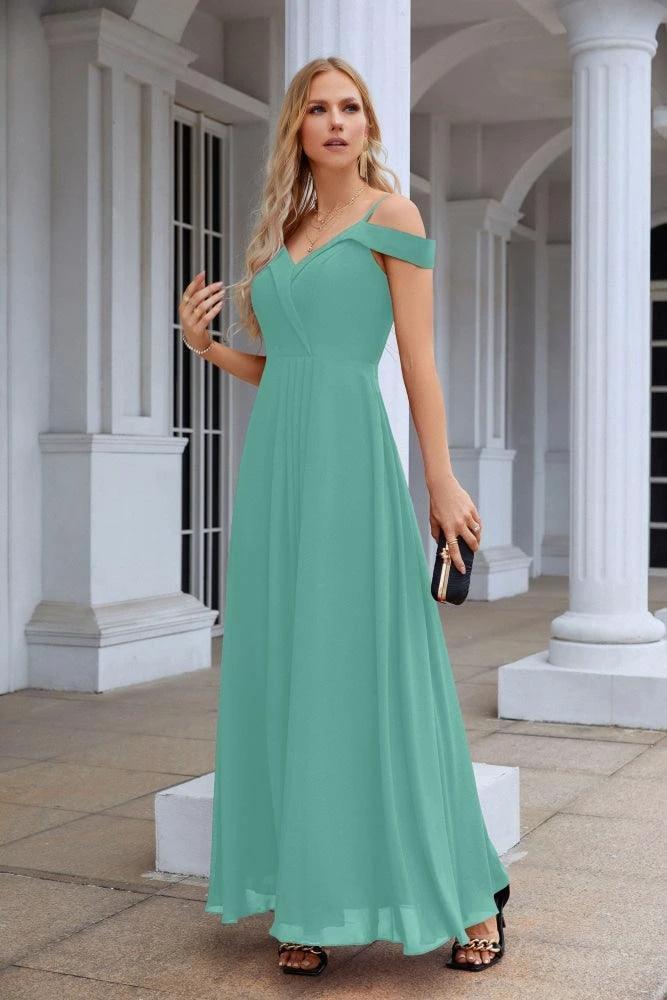 Women's thin strap off the shoulder bridesmaid mopping the floor evening dress 28093 by numbersea