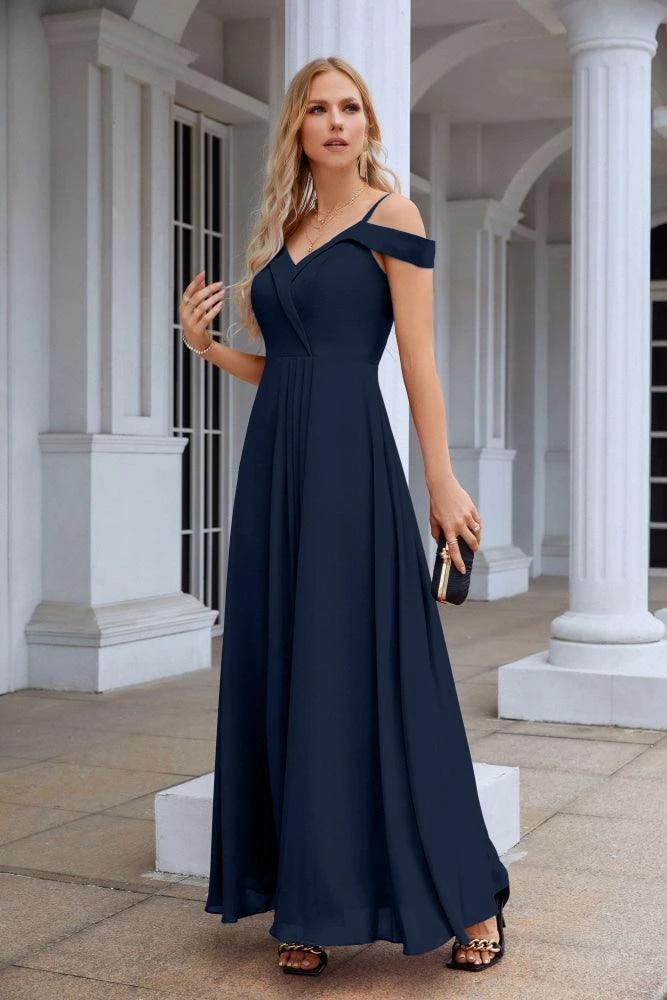 Women's thin strap off the shoulder bridesmaid mopping the floor evening dress 28093 by numbersea