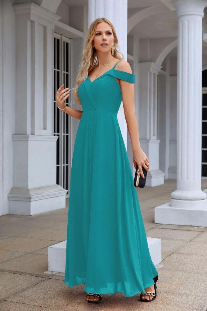 Women's thin strap off the shoulder bridesmaid mopping the floor evening dress 28093 by numbersea