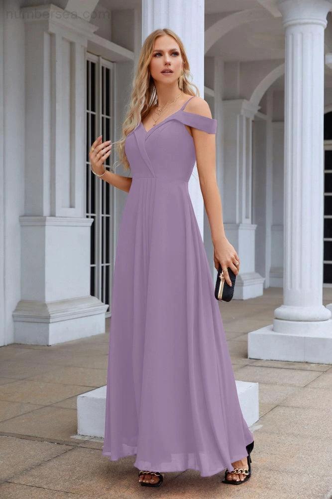 Women's thin strap off the shoulder bridesmaid mopping the floor evening dress 28093 by numbersea