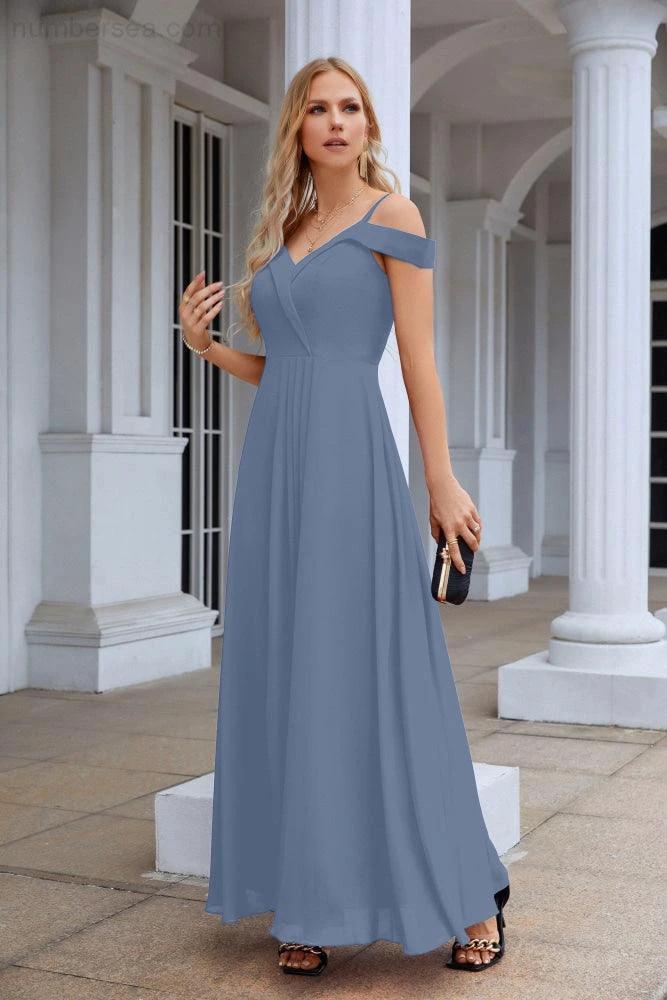 Women's thin strap off the shoulder bridesmaid mopping the floor evening dress 28093 by numbersea