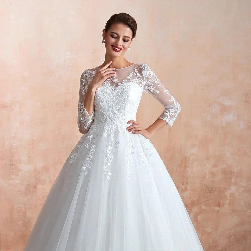 Wonderful Long A-line Appliques Tulle Wedding Dress with Sleeves (ZD14402)