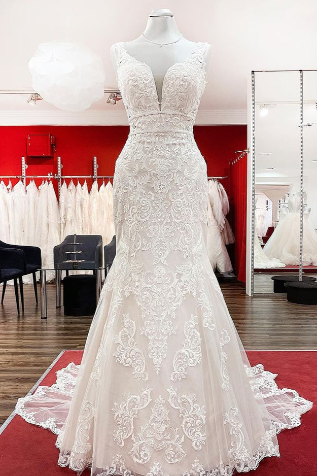 Wonderful Sleeveless Tulle Ivory Lace Backless Mermaid Wedding Dresses (ZD17540)