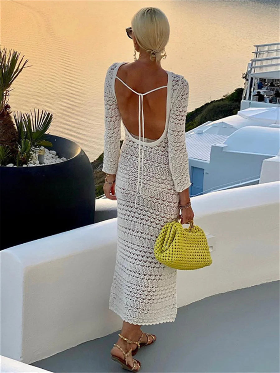 Backless Tie Up Knit Crochet HollowOut Beach Maxi Dress