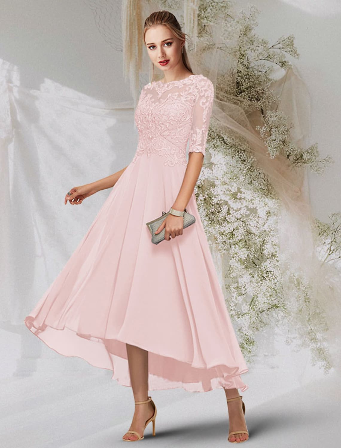 A-Line Evening Gown Dress Wedding Asymmetrical Chiffon Beading Lace