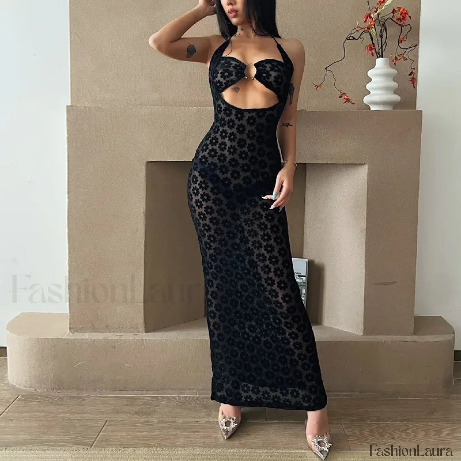 Y2K Floral Print Hollow Out Spaghetti Strap Floral Dress