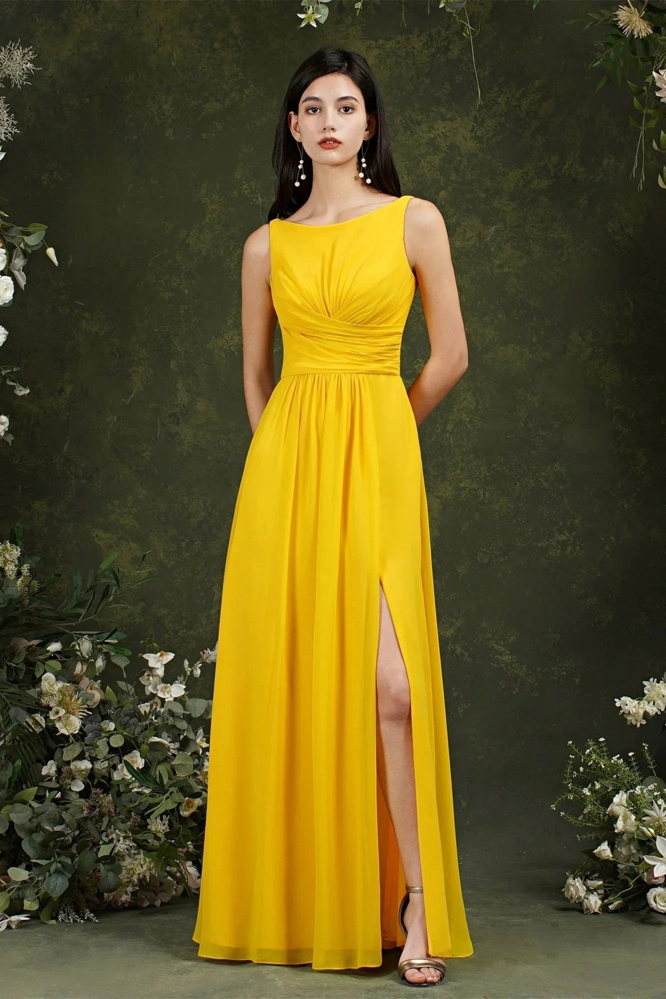 Yellow Bateau A-Line Chiffon Ruffles Split Floor-length Bridesmaid Dress With Pockets (ZD13144)