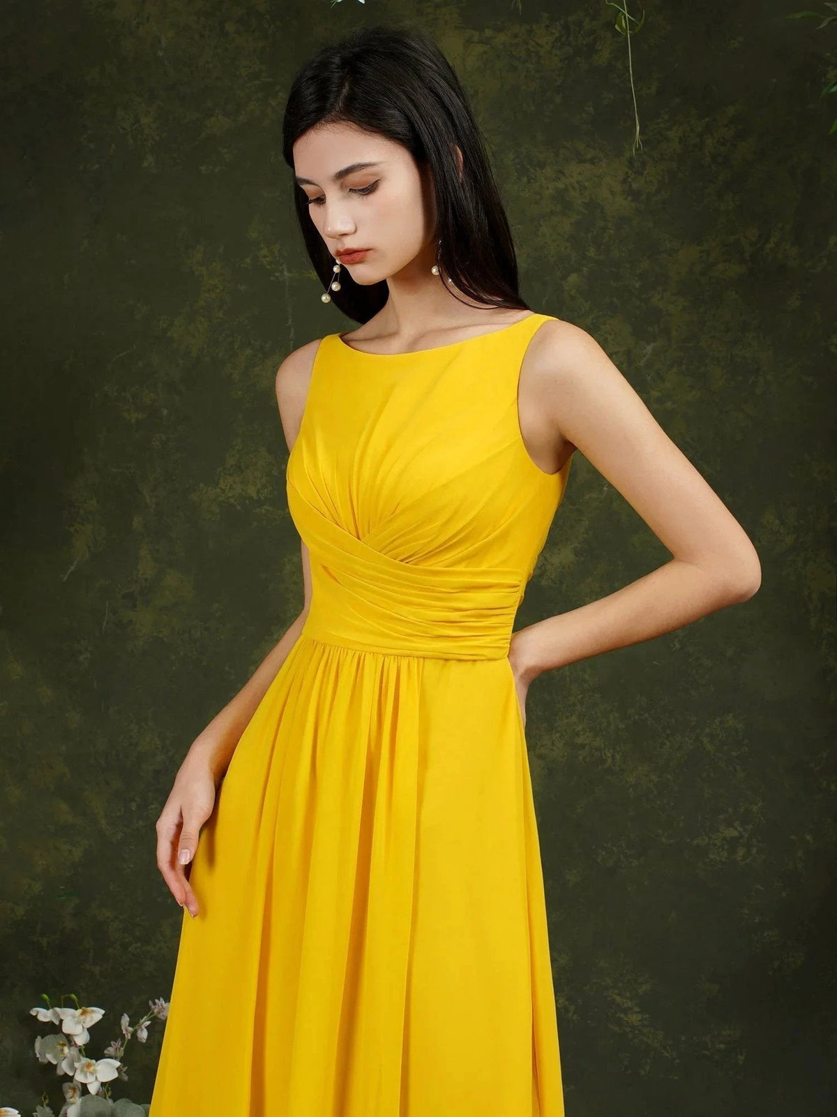 Yellow Bateau A-Line Chiffon Ruffles Split Floor-length Bridesmaid Dress With Pockets (ZD13144)