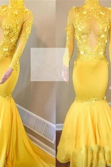 Yellow High Neck Flower Appliques Mermaid Long Sleevess Prom Dresses