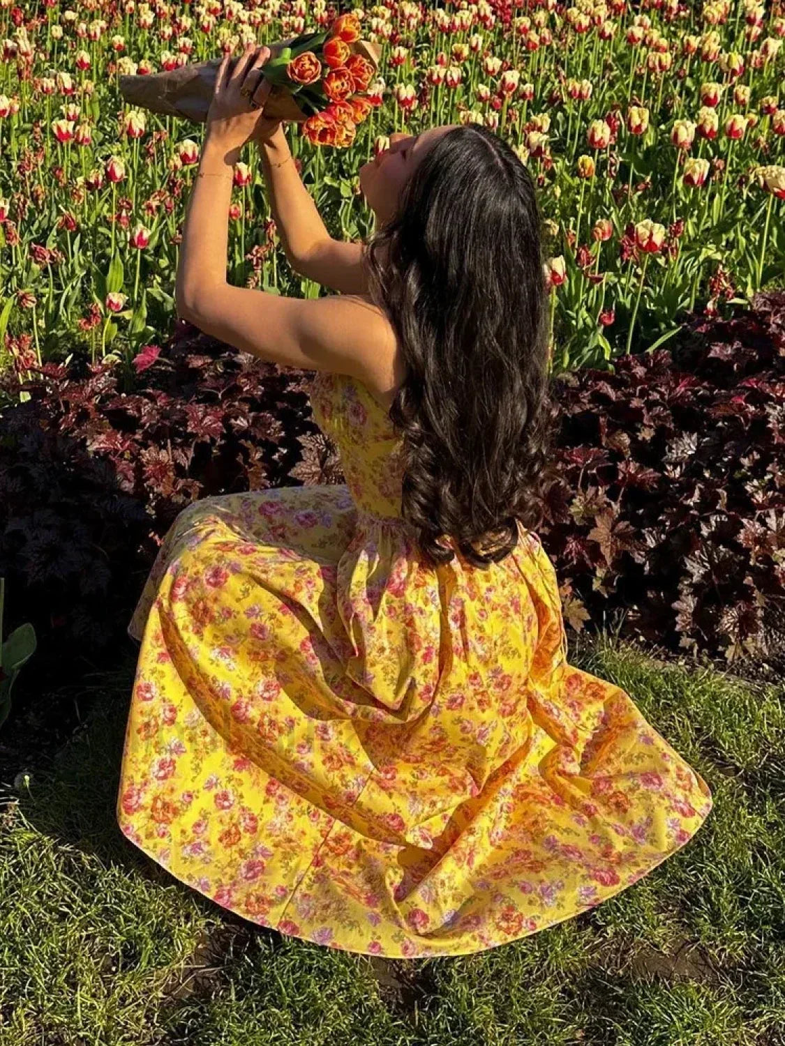 Yellow Lace-Up Pocket Floral Dress