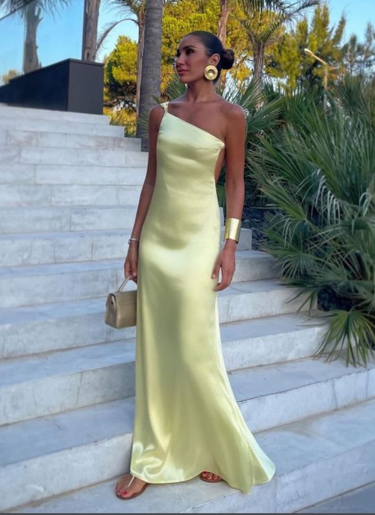 Yellow One Shoulder Prom Dress, Floor Length Prom Gown