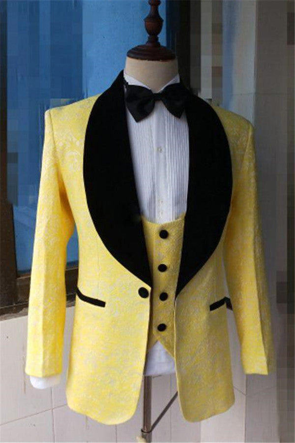 Yellow Slim-Fit Lapel Shawl Prom Dress Suit Bespoke Jacquard Men Formal Party Blazer