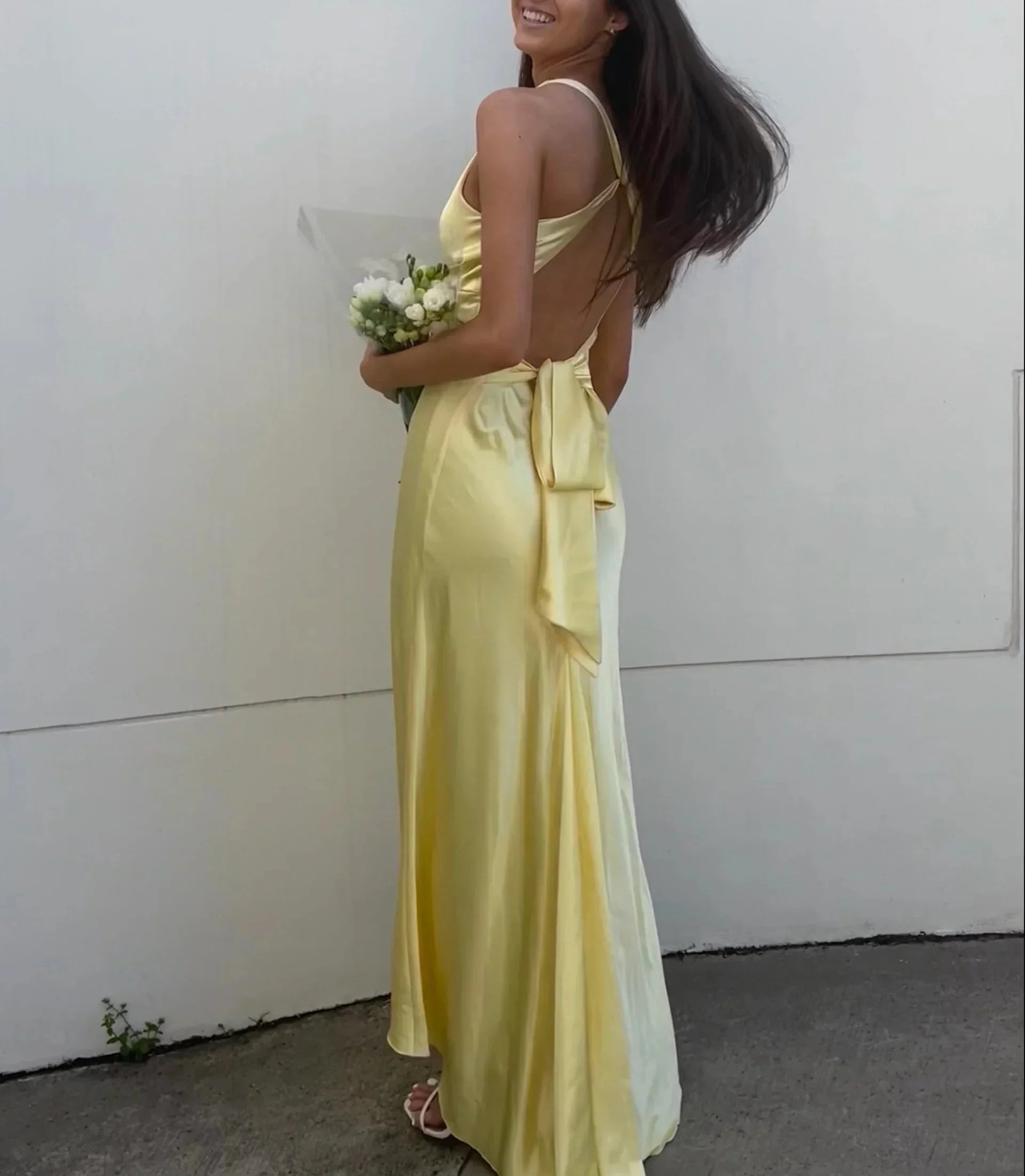 Yellow V-Neck Backless Fashion Elegant Long Satin Ball Gowns Prom Dress Wedding Guest Prom Dresses