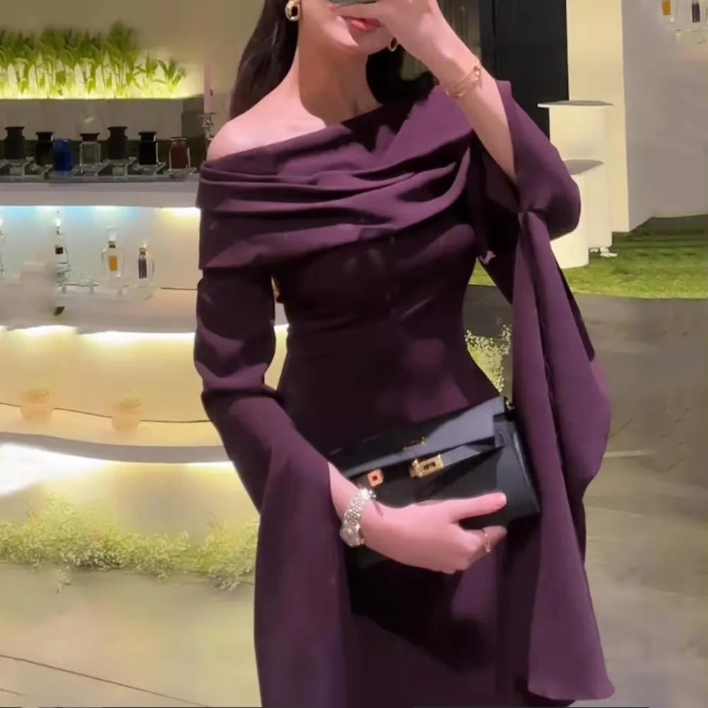 Purple Satin Long Mermaid Evening Dresses Off The Shoulder Pleats Dubai Arabic Women Prom Gowns Party Dress Vestidos