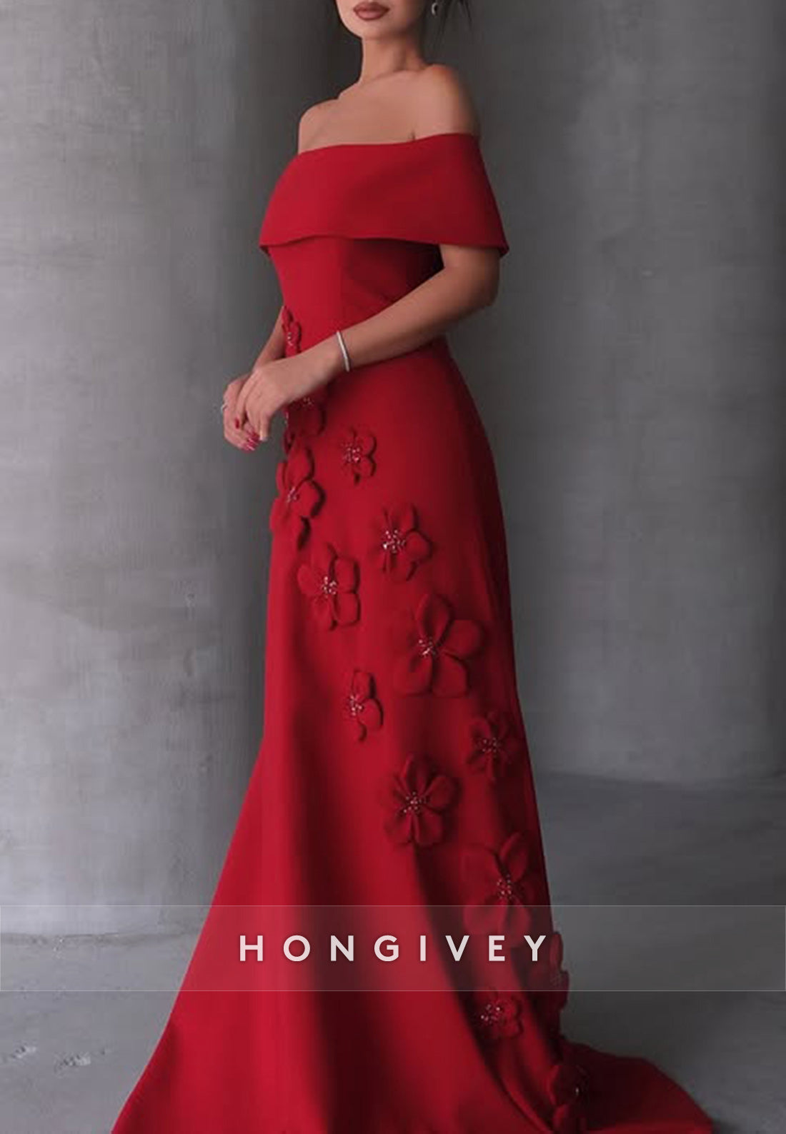 Off the Shoulder Evening Gown Trumpet Court Train Satin Handmade Flowers Pleated