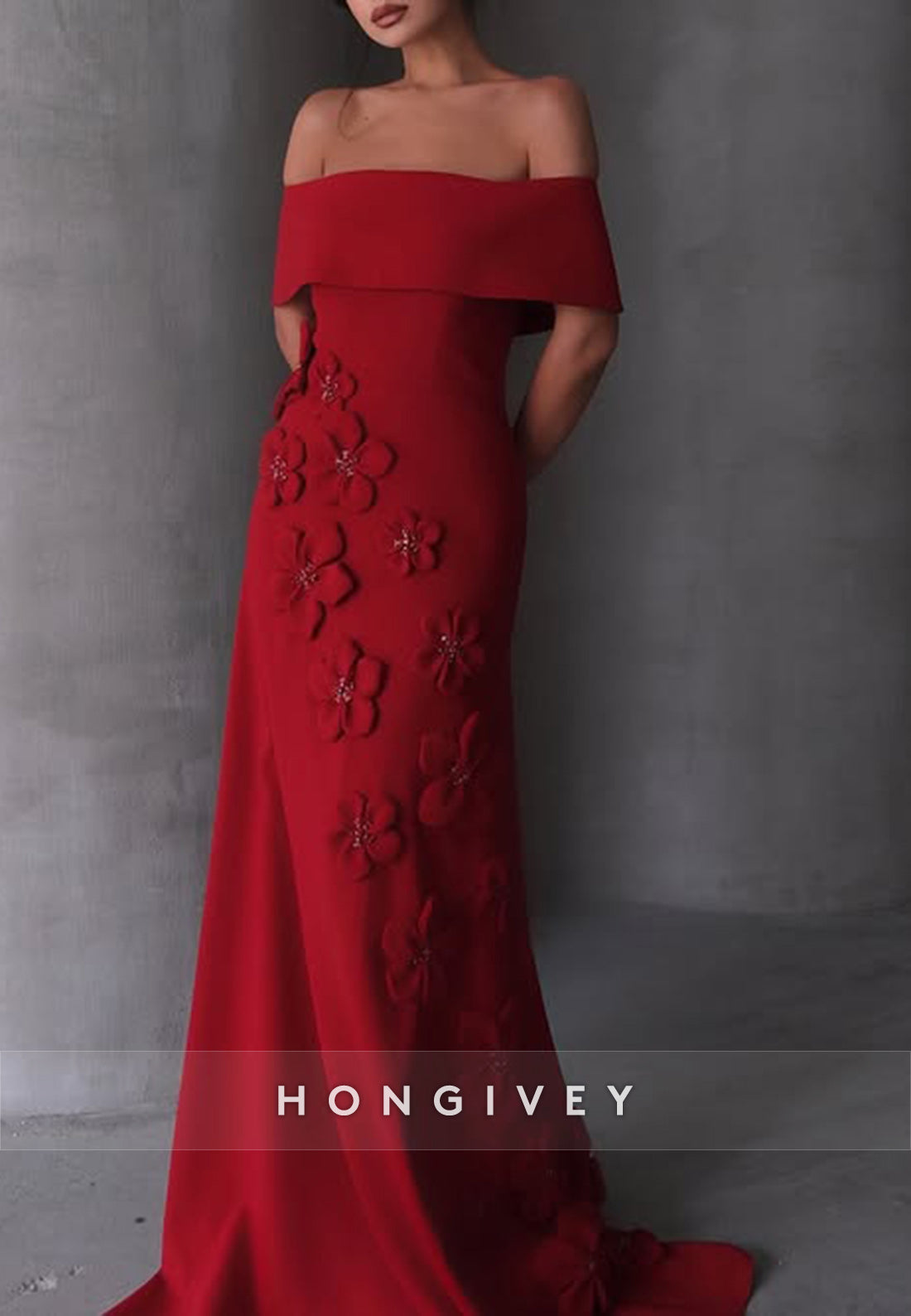 Off the Shoulder Evening Gown Trumpet Court Train Satin Handmade Flowers Pleated