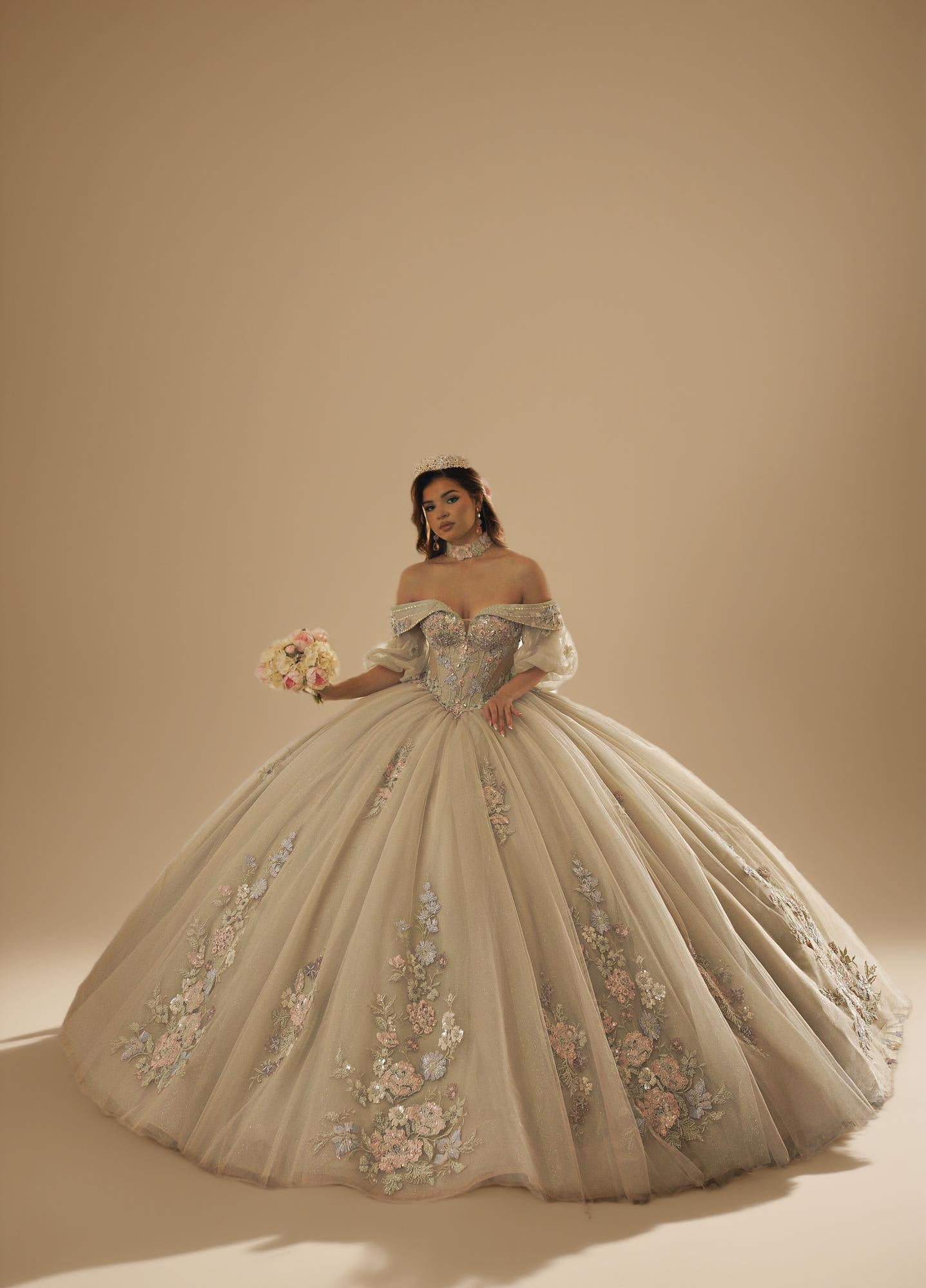 Sage Blush Puff Sleeve Quinceanera Dress 3D Floral Glitter Tulle Ball Gown with Corset (ZD17576) - VelvetHem