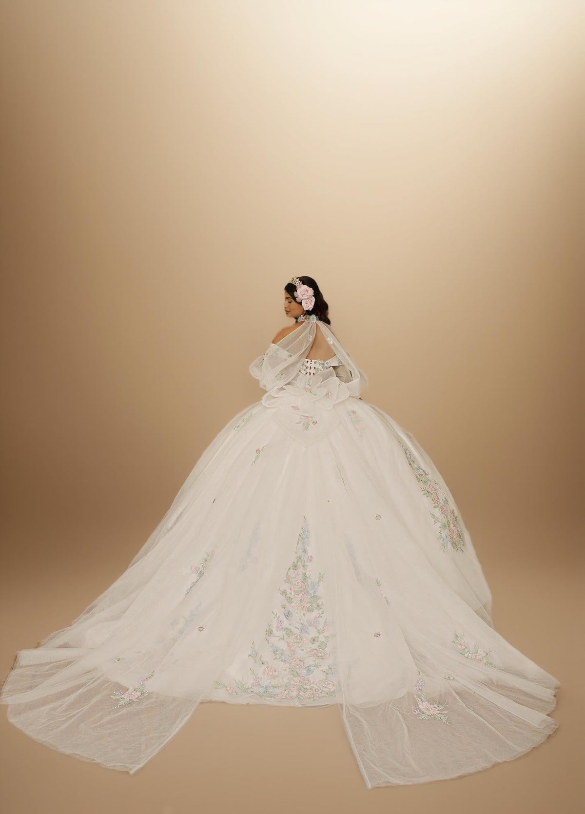 Sage Blush Puff Sleeve Quinceanera Dress 3D Floral Glitter Tulle Ball Gown with Corset (ZD17576) - View 10 | VelvetHem