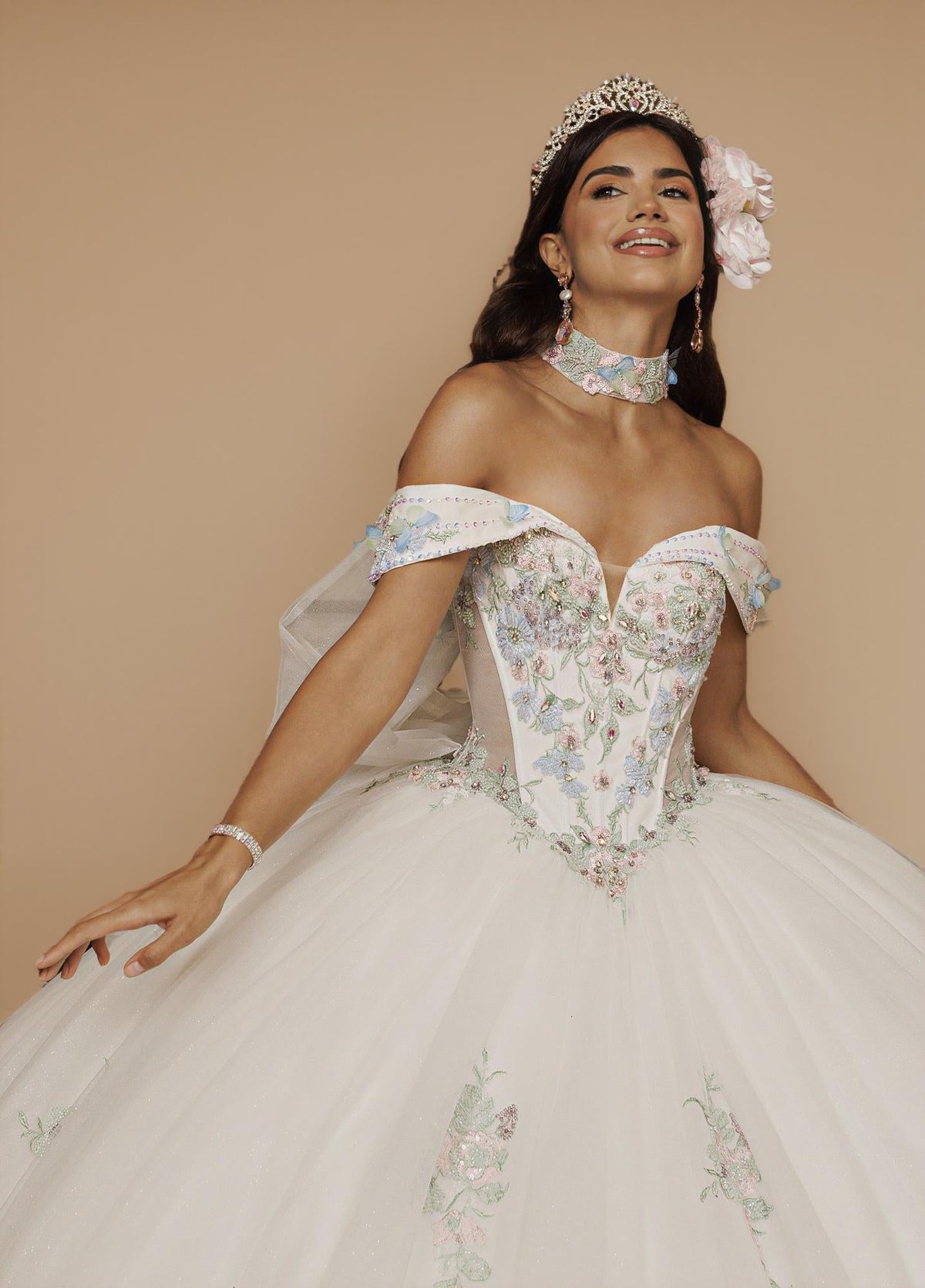 Sage Blush Puff Sleeve Quinceanera Dress 3D Floral Glitter Tulle Ball Gown with Corset (ZD17576) - View 11 | VelvetHem