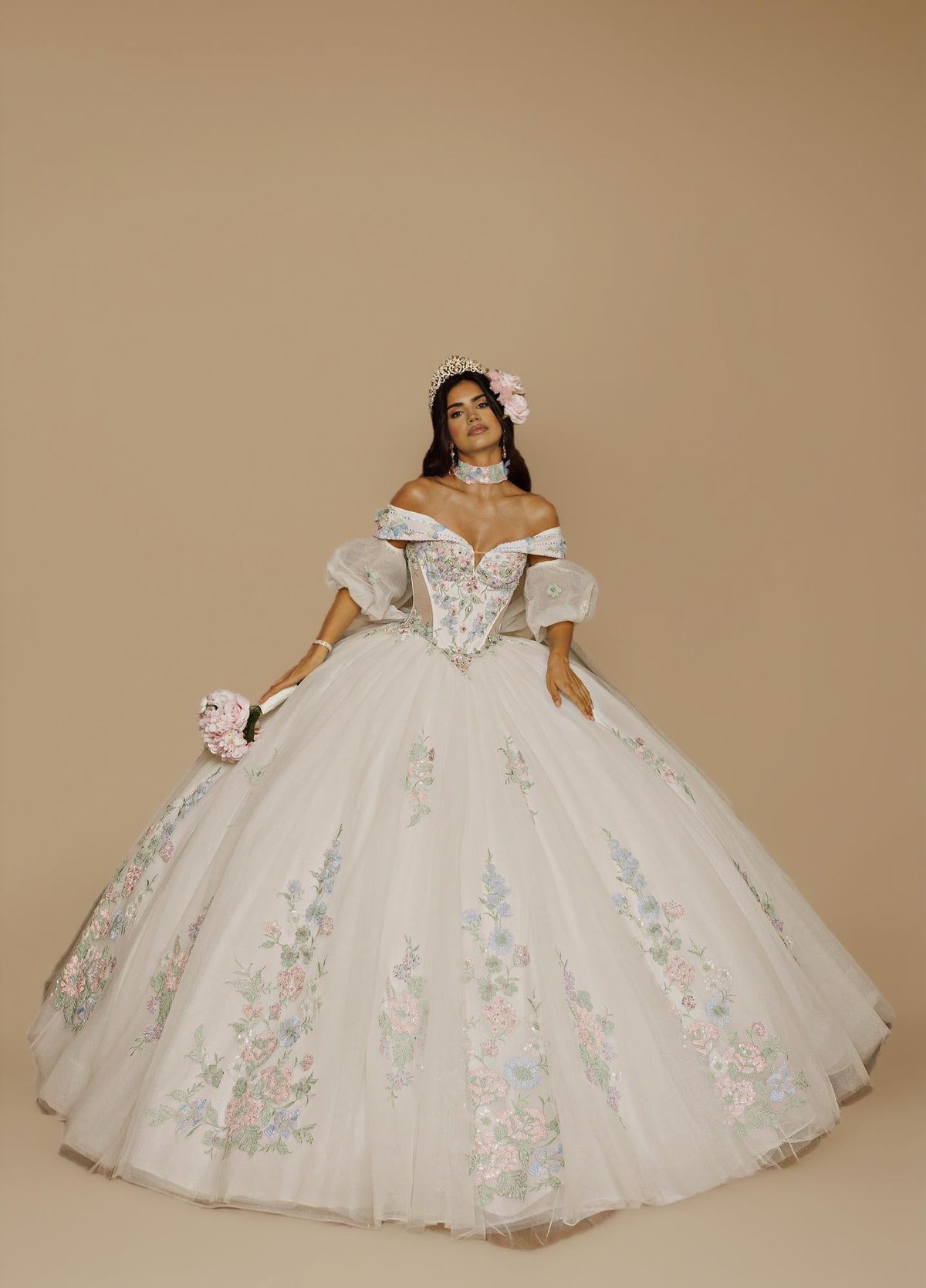 Sage Blush Puff Sleeve Quinceanera Dress 3D Floral Glitter Tulle Ball Gown with Corset (ZD17576) - View 12 | VelvetHem