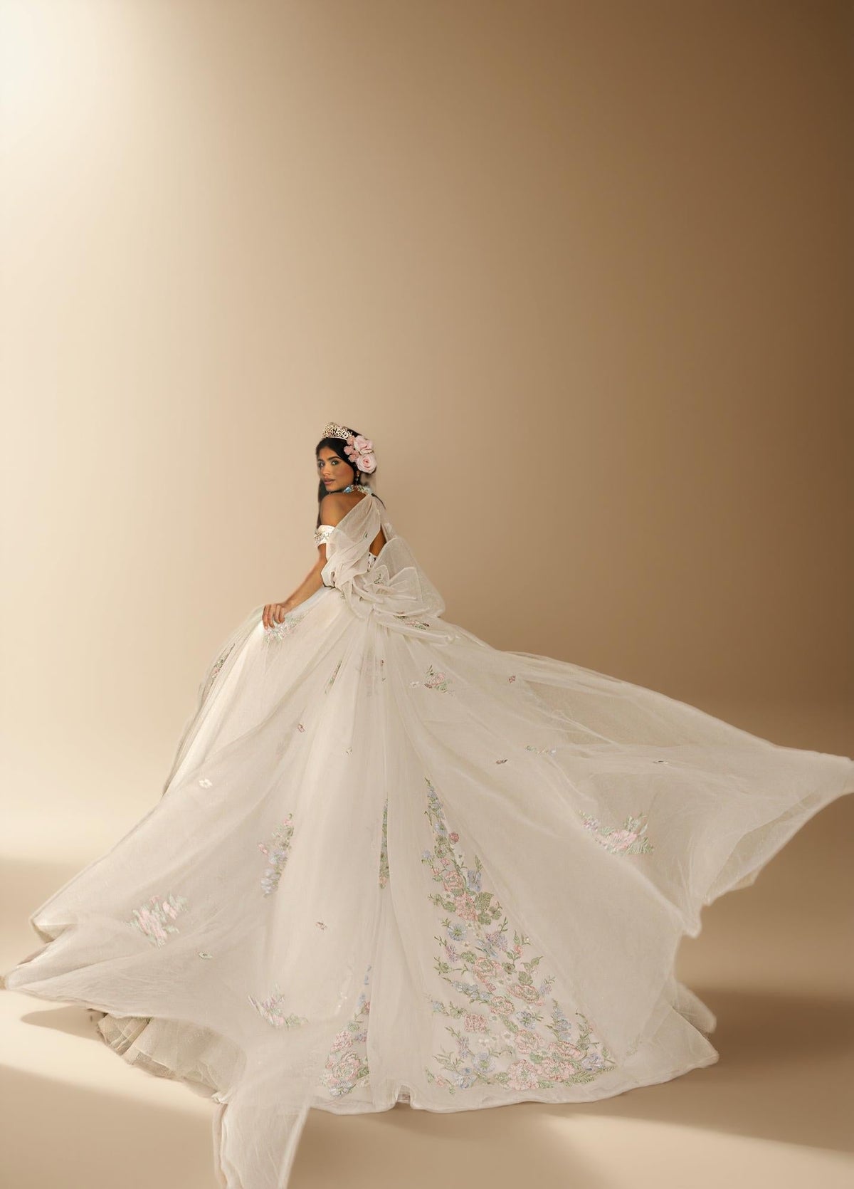 Sage Blush Puff Sleeve Quinceanera Dress 3D Floral Glitter Tulle Ball Gown with Corset (ZD17576) - View 13 | VelvetHem