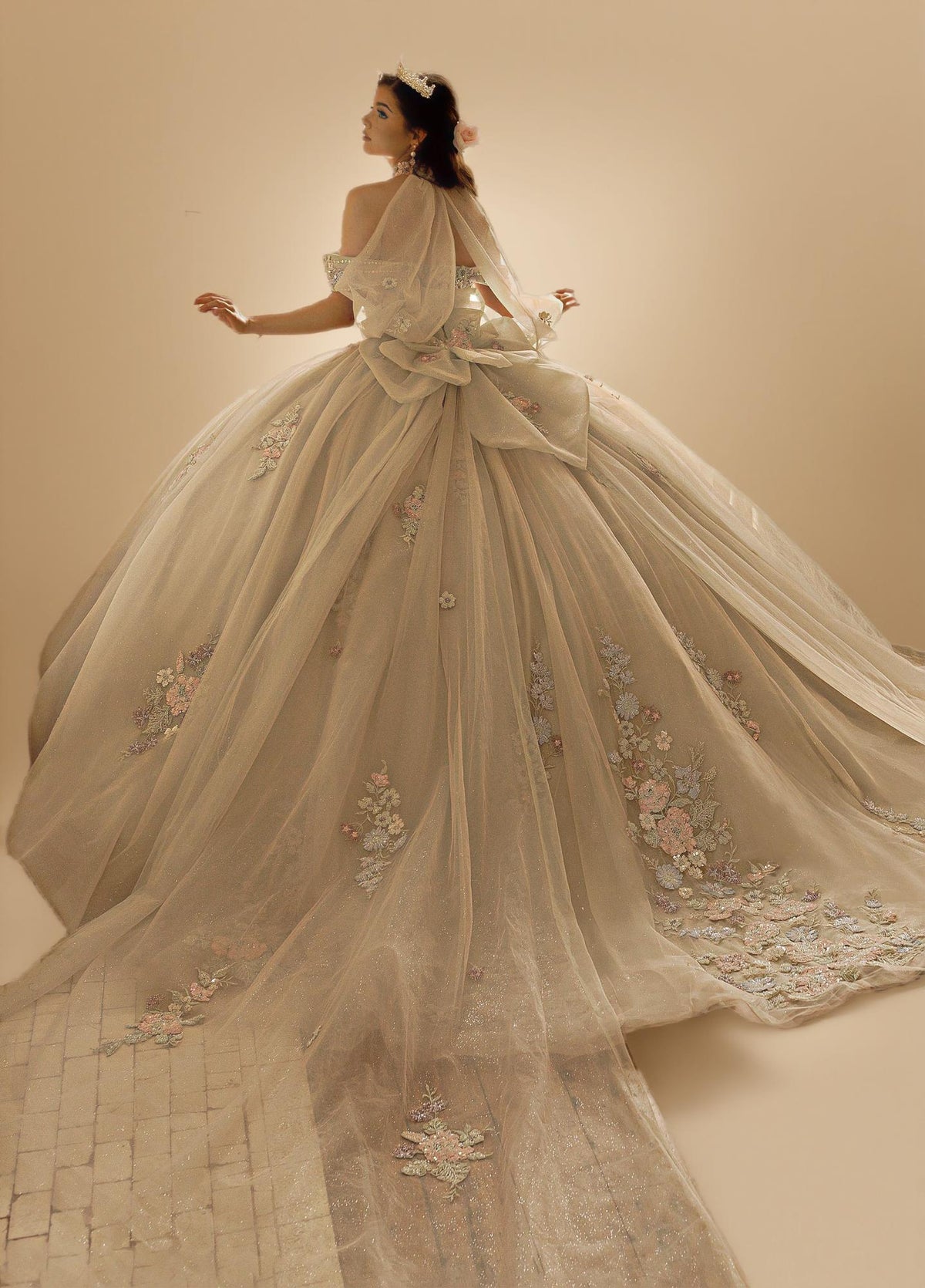 Sage Blush Puff Sleeve Quinceanera Dress 3D Floral Glitter Tulle Ball Gown with Corset (ZD17576) - View 2 | VelvetHem