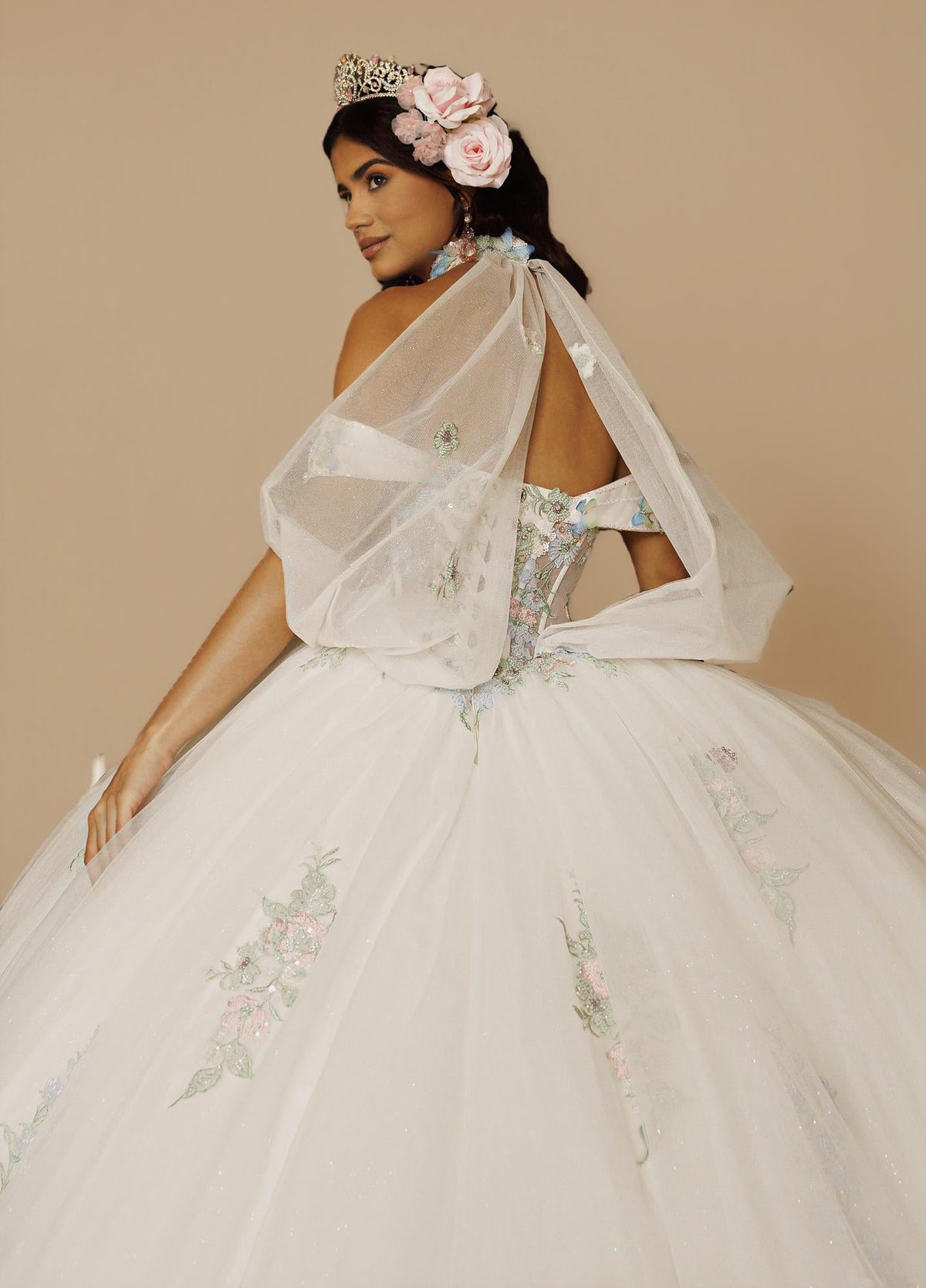Sage Blush Puff Sleeve Quinceanera Dress 3D Floral Glitter Tulle Ball Gown with Corset (ZD17576) - View 4 | VelvetHem