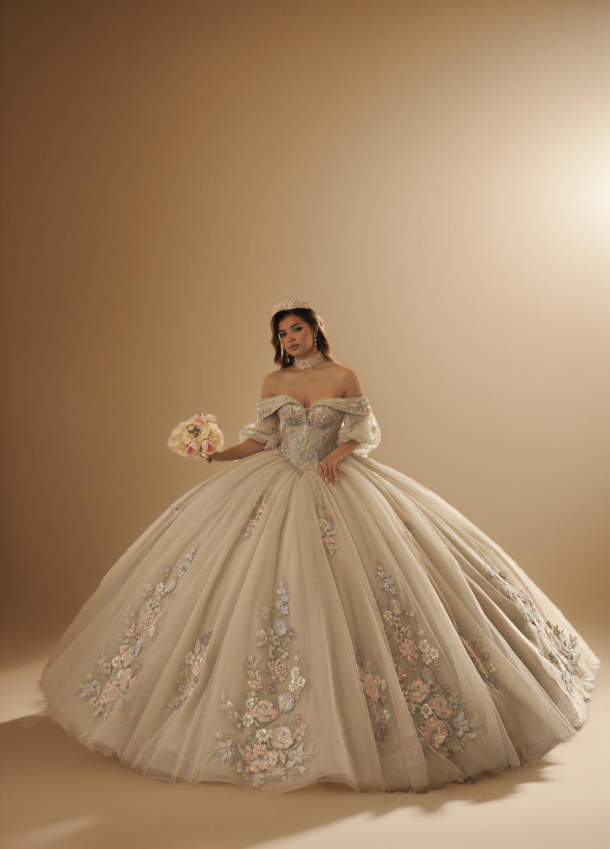 Sage Blush Puff Sleeve Quinceanera Dress 3D Floral Glitter Tulle Ball Gown with Corset (ZD17576) - View 5 | VelvetHem