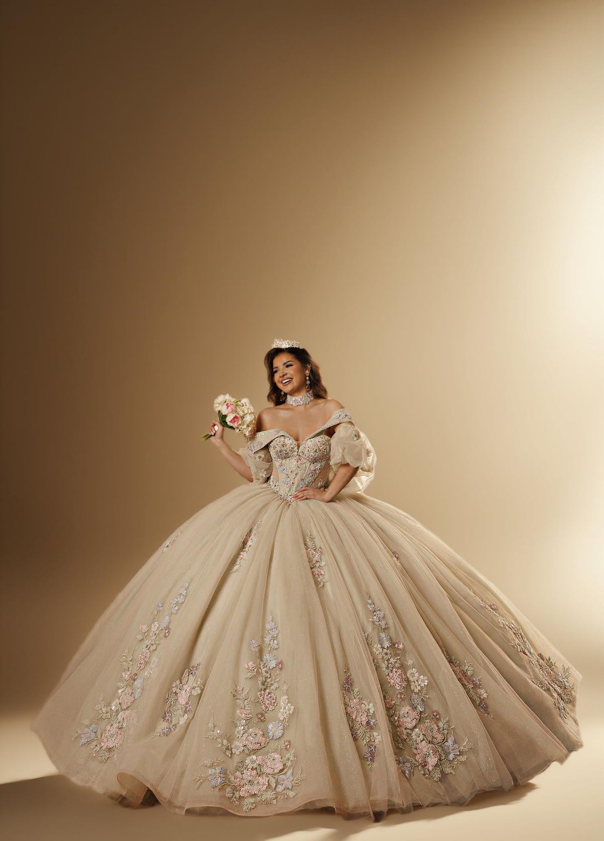 Sage Blush Puff Sleeve Quinceanera Dress 3D Floral Glitter Tulle Ball Gown with Corset (ZD17576) - View 6 | VelvetHem