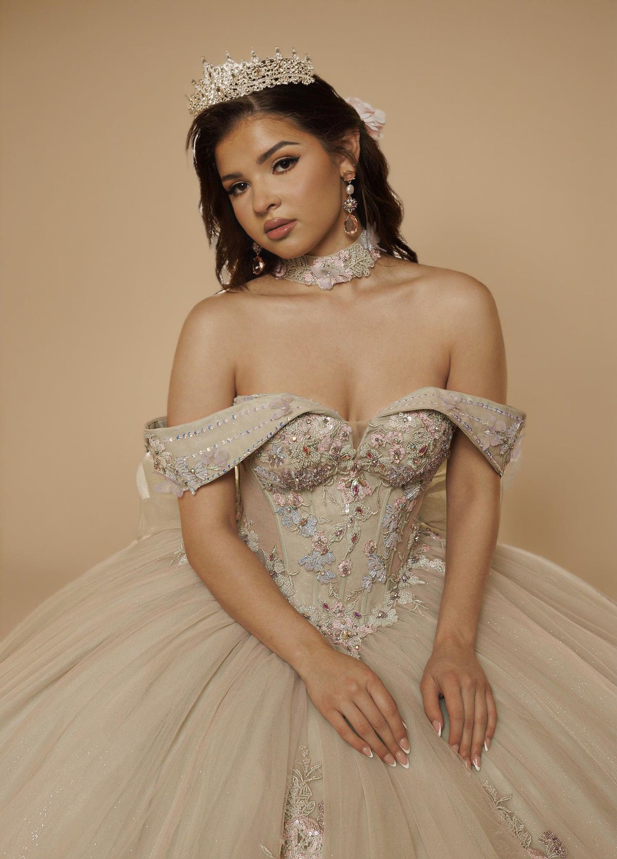 Sage Blush Puff Sleeve Quinceanera Dress 3D Floral Glitter Tulle Ball Gown with Corset (ZD17576) - View 8 | VelvetHem