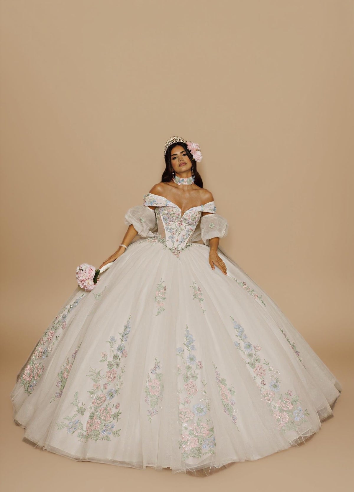 Sage Blush Puff Sleeve Quinceanera Dress 3D Floral Glitter Tulle Ball Gown with Corset (ZD17576) - View 9 | VelvetHem