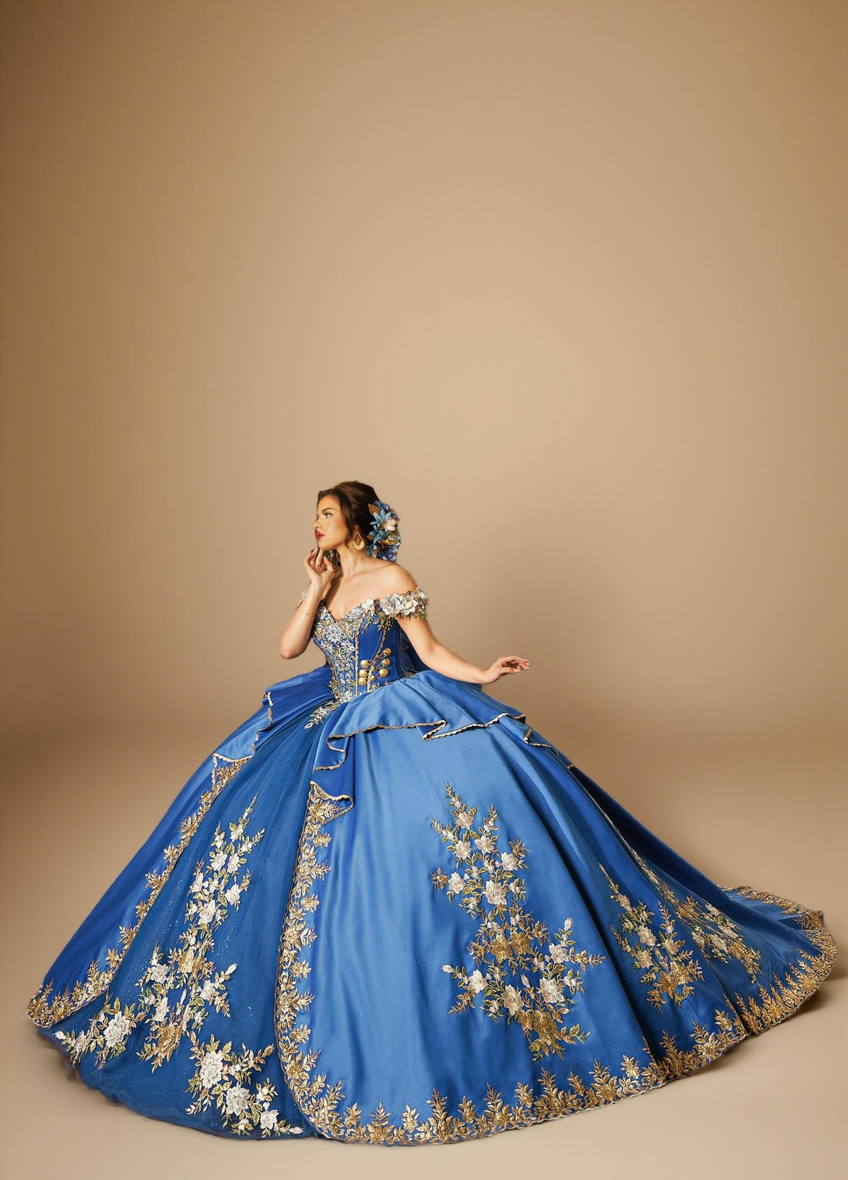 Black Gold Off Shoulder Quinceanera Dress 3D Floral Embroidered Satin Tulle Ball Gown (ZD17585) - View 8 | VelvetHem