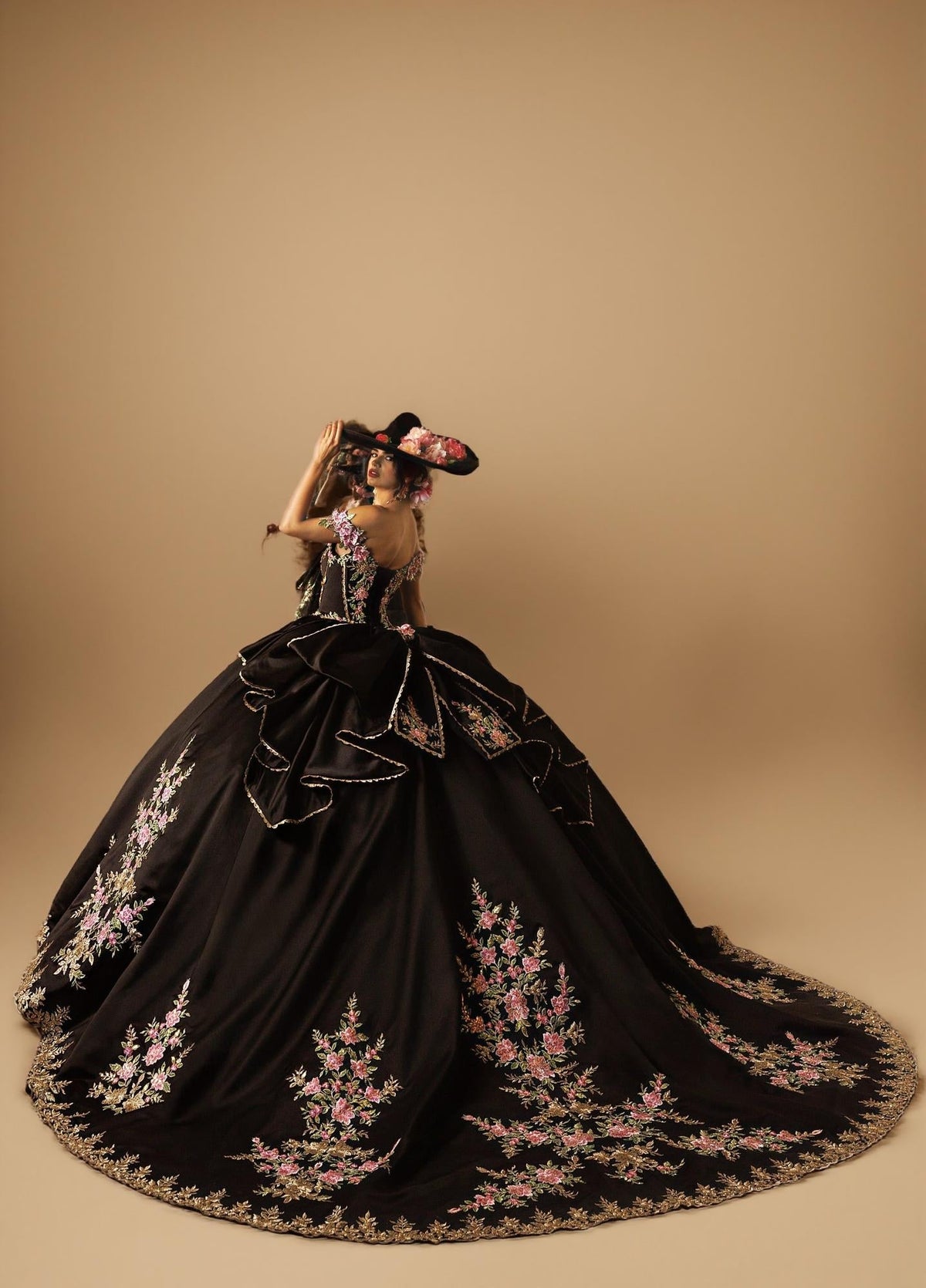 Black Gold Off Shoulder Quinceanera Dress 3D Floral Embroidered Satin Tulle Ball Gown (ZD17585) - View 2 | VelvetHem