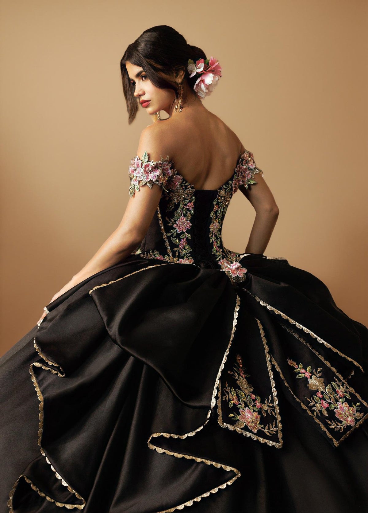 Black Gold Off Shoulder Quinceanera Dress 3D Floral Embroidered Satin Tulle Ball Gown (ZD17585) - View 3 | VelvetHem