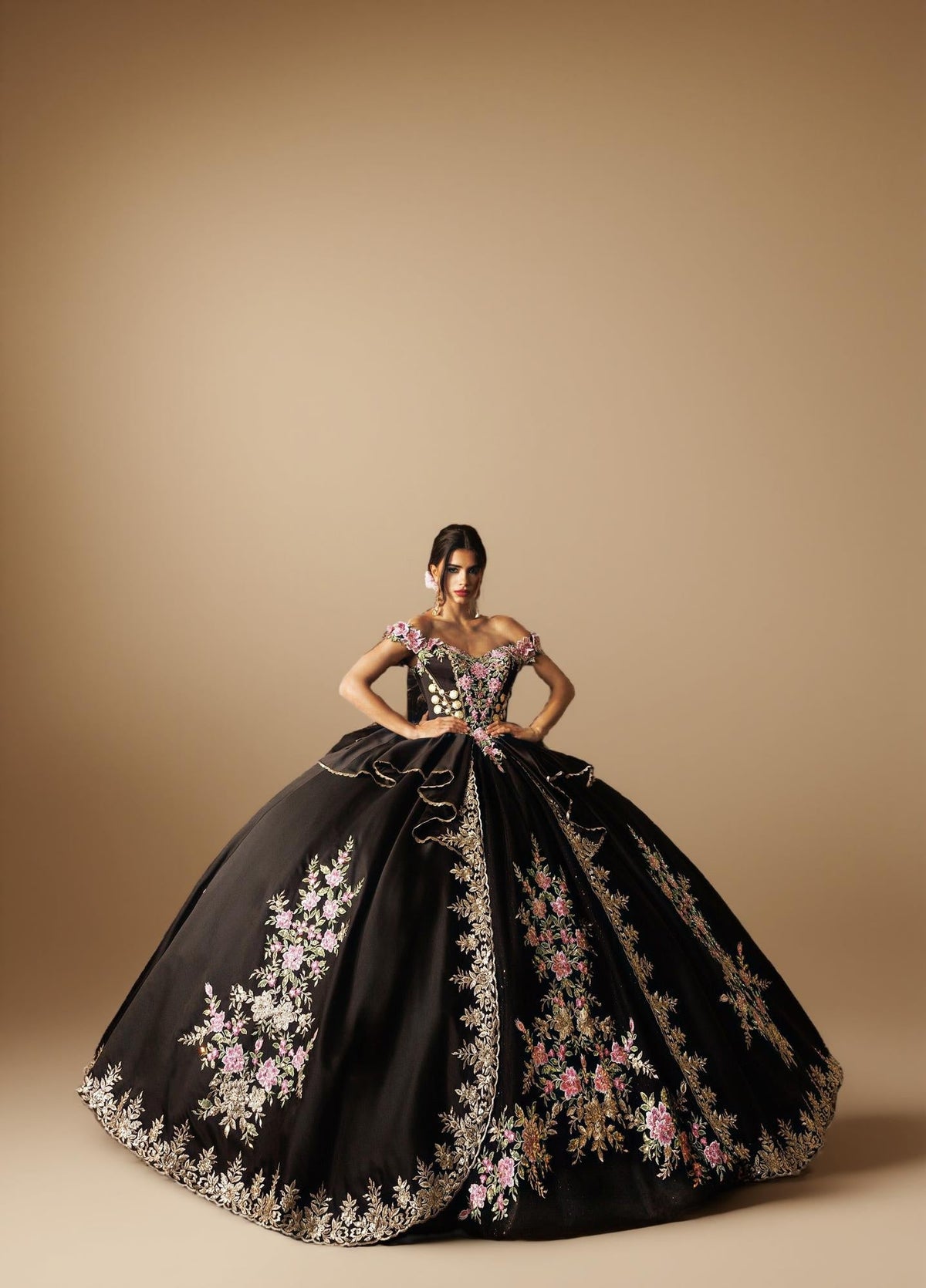 Black Gold Off Shoulder Quinceanera Dress 3D Floral Embroidered Satin Tulle Ball Gown (ZD17585) - View 4 | VelvetHem