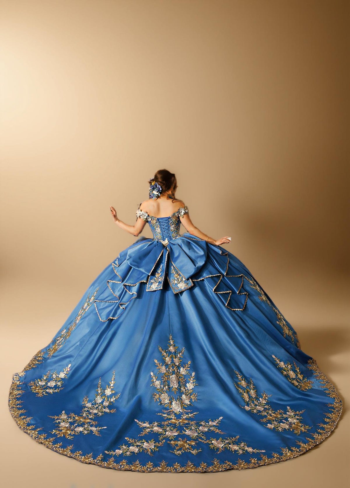 Black Gold Off Shoulder Quinceanera Dress 3D Floral Embroidered Satin Tulle Ball Gown (ZD17585) - View 5 | VelvetHem