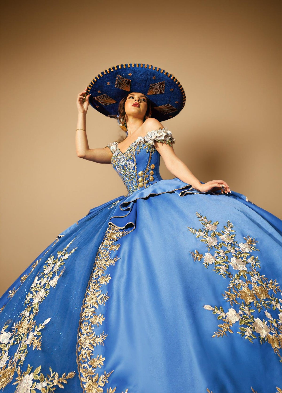 Black Gold Off Shoulder Quinceanera Dress 3D Floral Embroidered Satin Tulle Ball Gown (ZD17585) - View 6 | VelvetHem